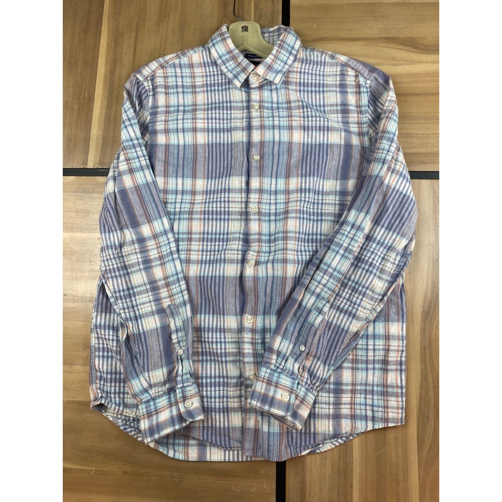 GAP Mens Plaid Long‎ Sleeve Button Down Shirt Blue Linen Blend Size M
